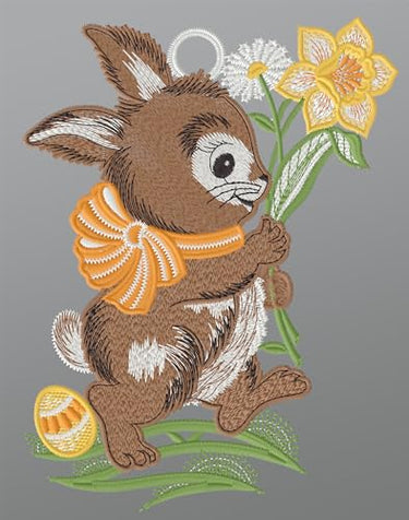 Fensterbild aus Plauener Spitze - Hase mit Osterglocke (BxH) 16cm x 22cm, Mehrfarbig, Fensterdekoration und Fensterschmuck im Sale